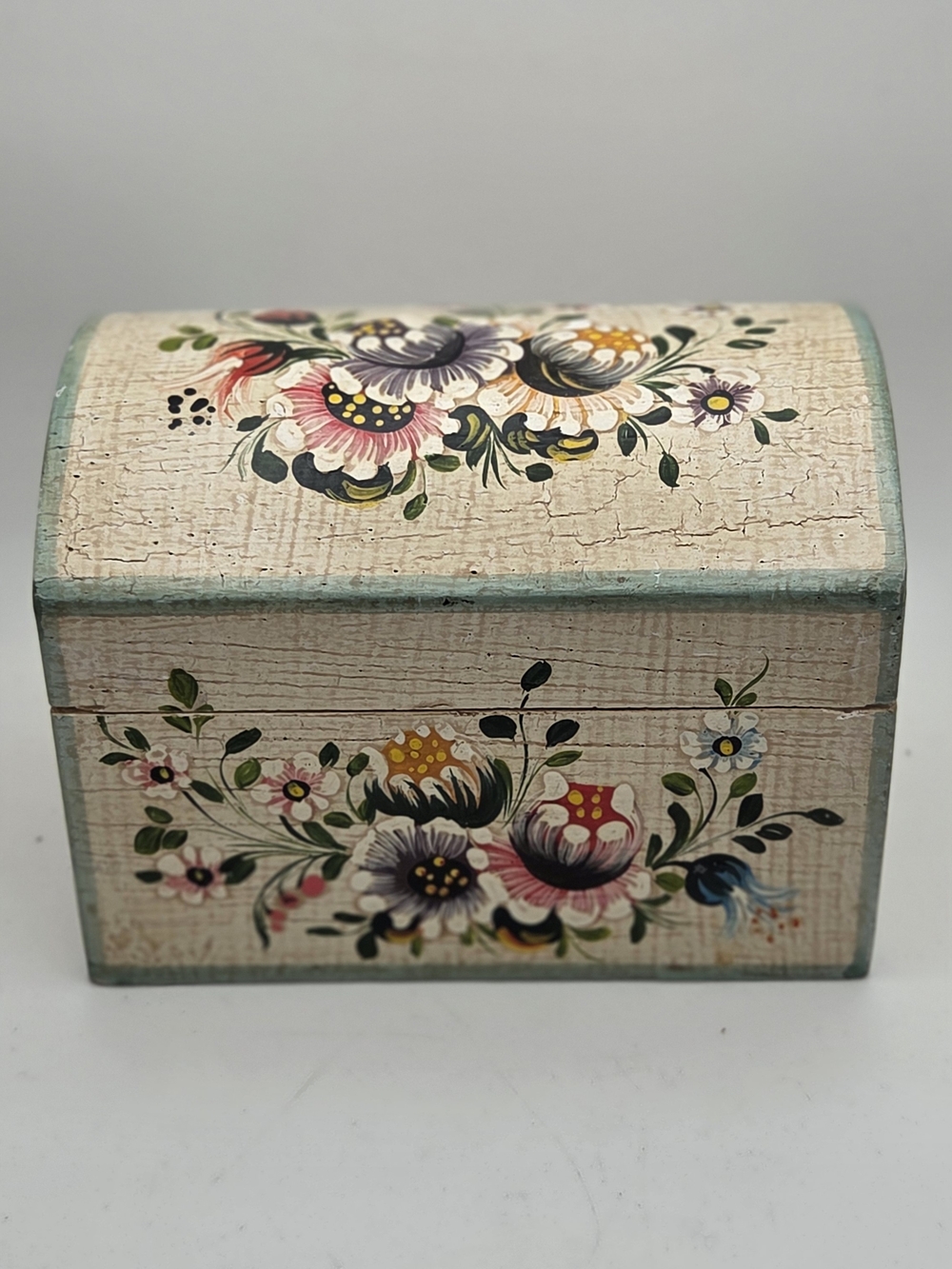 Vintage Scandinavian Rosemaling Wooden Jewelry Box Hand Painted Floral Trinket